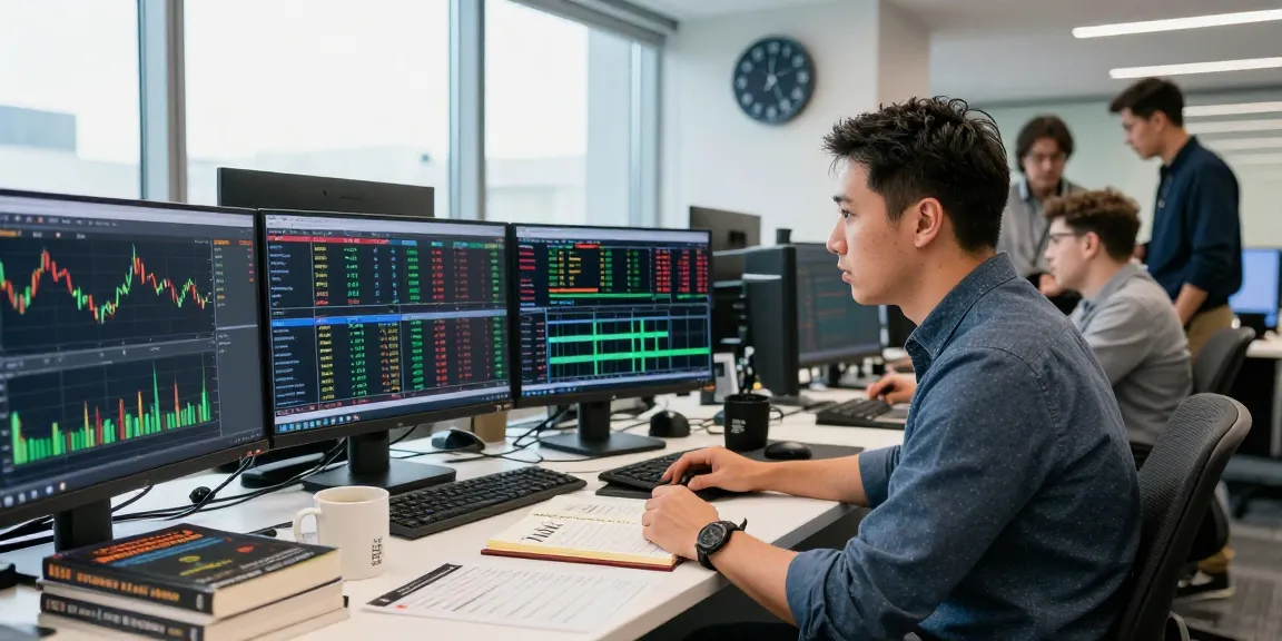 Kakakjudi meninjau data pasar di kantor trading modern, dengan banyak layar dan buku trading di meja.