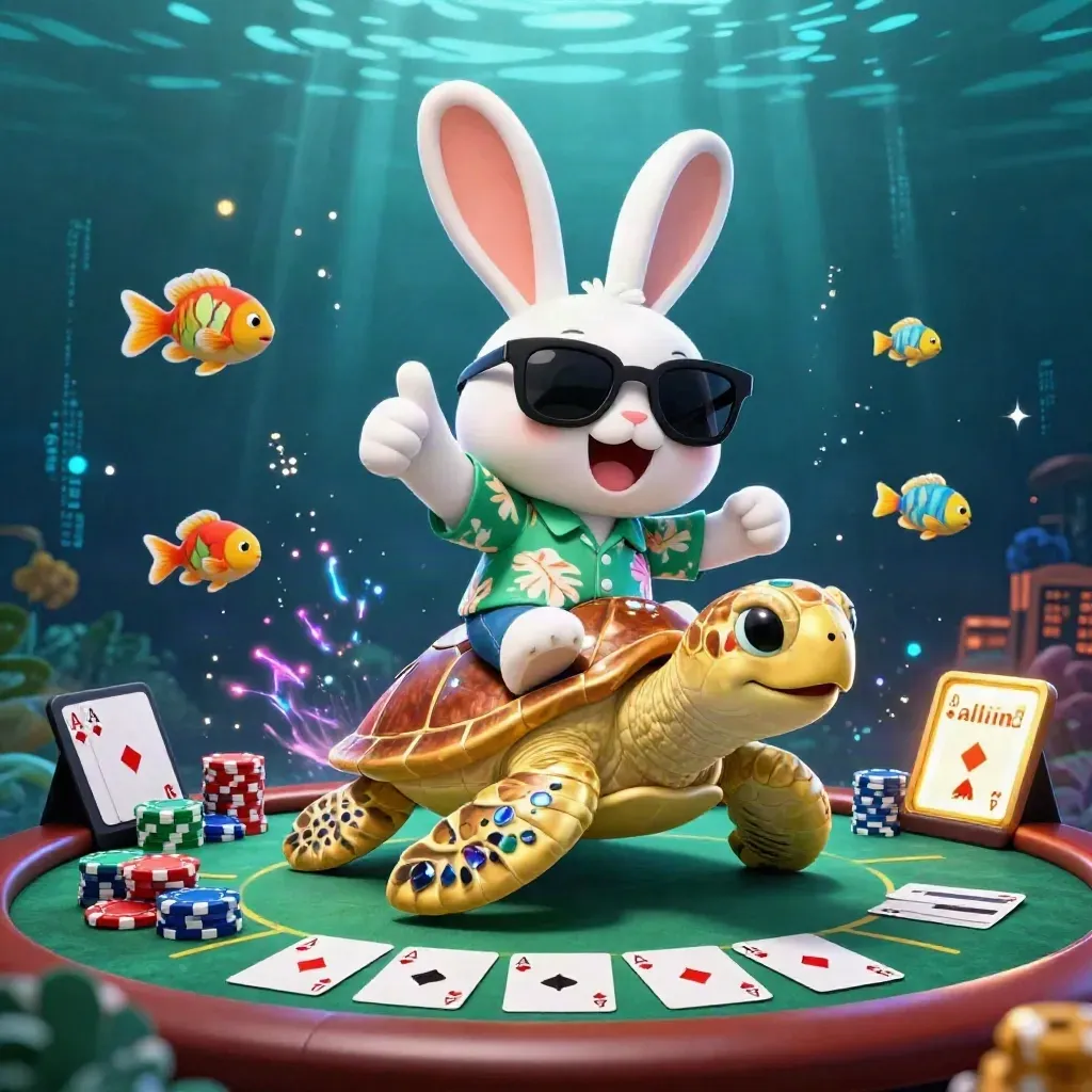 Rabbit rides jeweled sea turtle with casino props in a glowing underwater key art scene.
