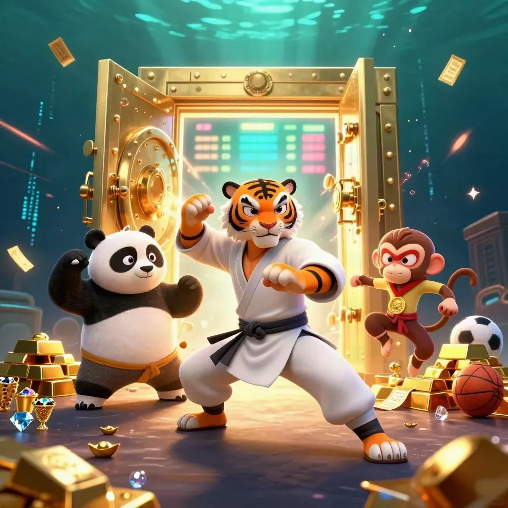 Tiger, panda, and monkey amid a gold vault burst with balls, gems, and neon energy.