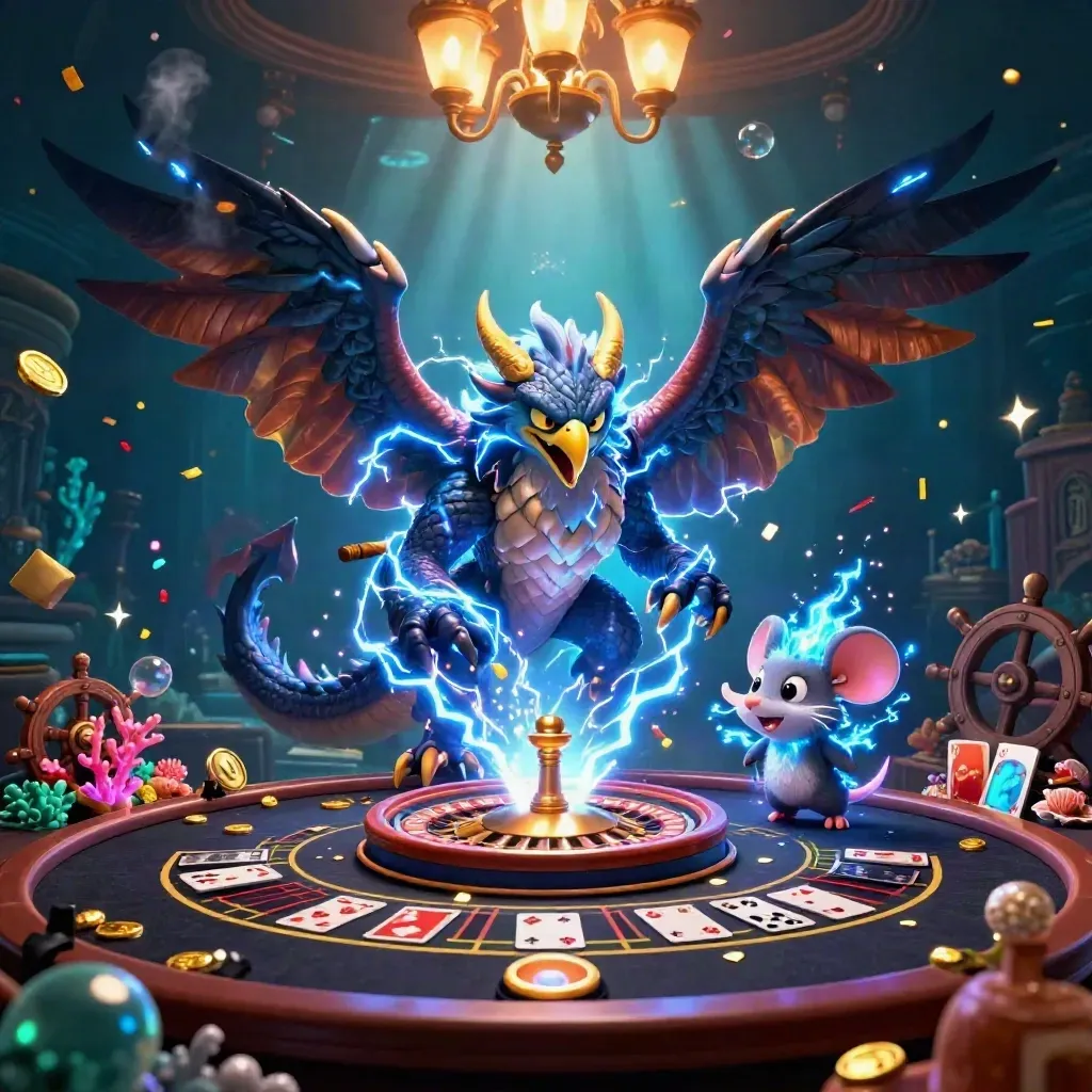 Thunder dragon, wind hawk, and crackling mouse amid underwater treasure-casino gold, coral, and cards.