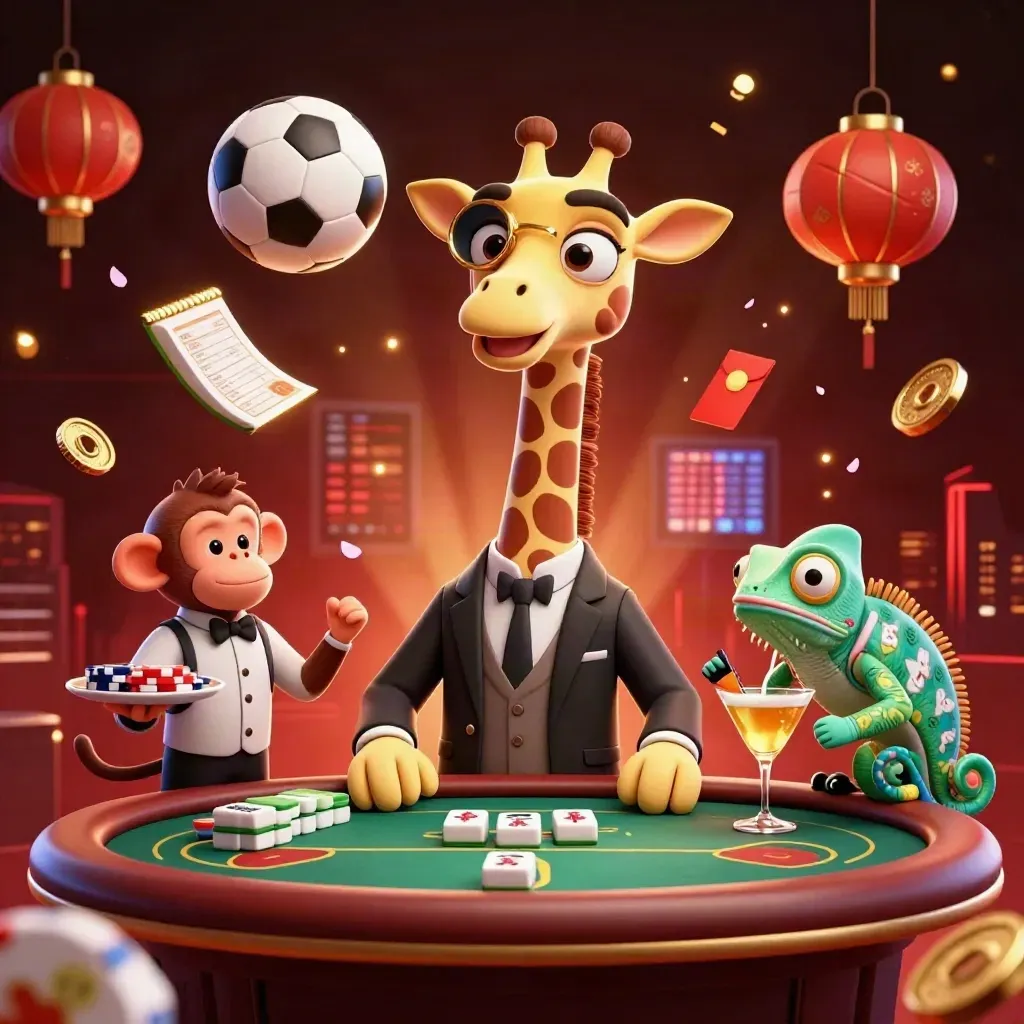 Giraffe, monkey valet, and chameleon bartender amid casino sports props and gold effects.
