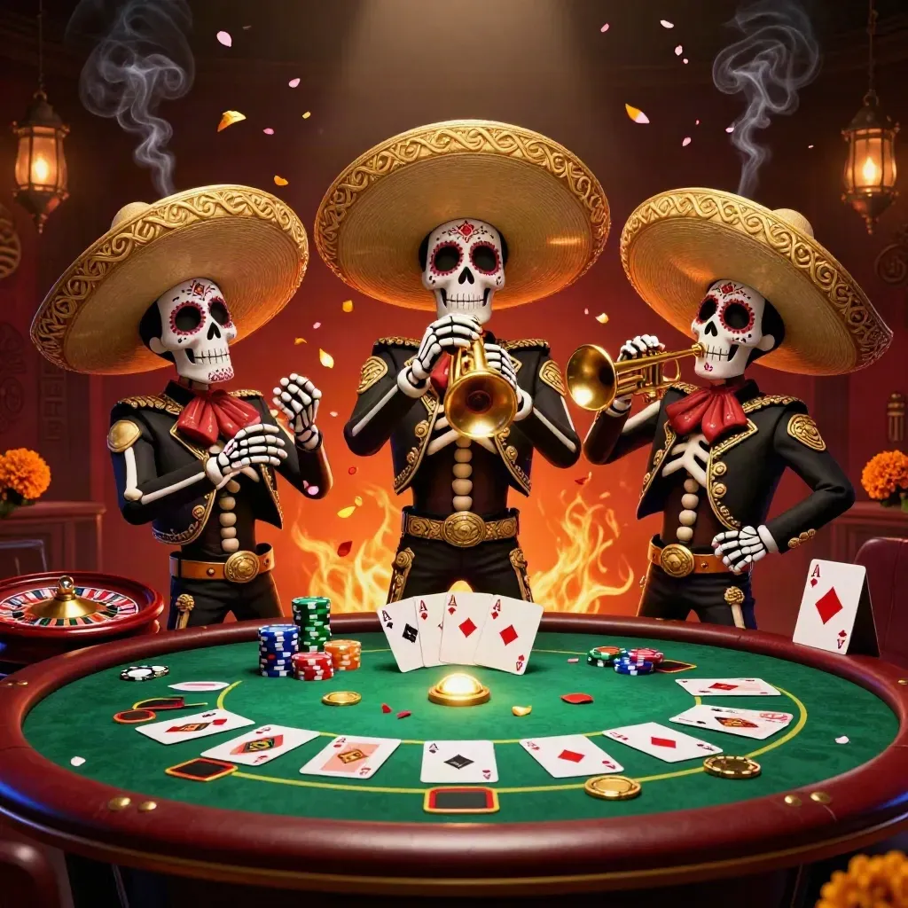 Skeleton mariachi trio in a luxe casino splash with chips, cards, embers and golden light.