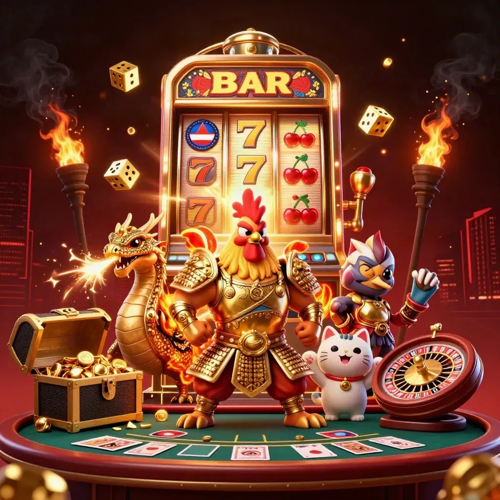 Rooster samurai, dragon hatchling, and fortune-cat amid casino treasures and glowing slot chaos.