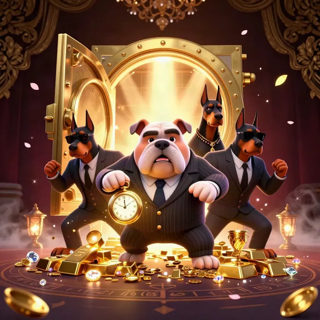 Bulldog boss and Dobermans burst from a treasure vault amid gold, gems, and glowing effects.