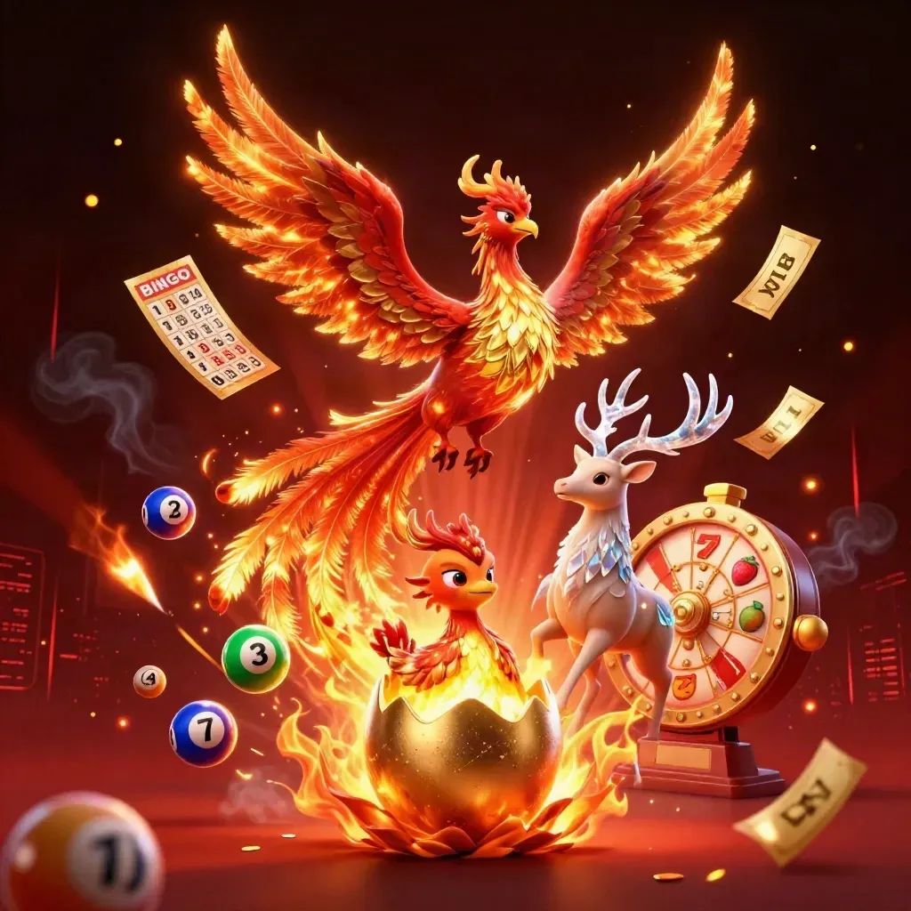 Fire phoenix, hatchling, and crystal-antler stag amid treasure burst and casino game elements