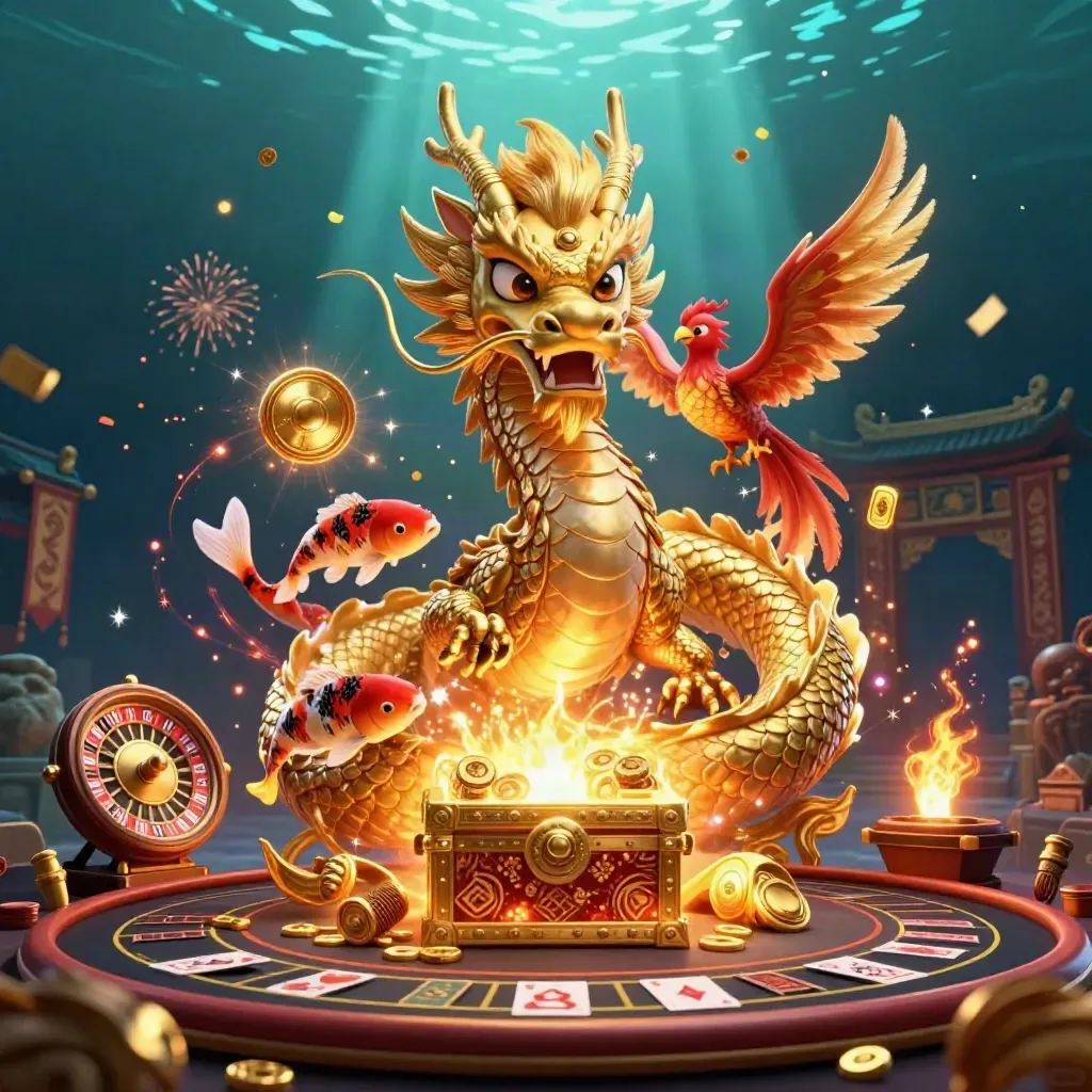 Golden dragon, phoenix, and koi around treasure chest with casino props and cinematic lighting