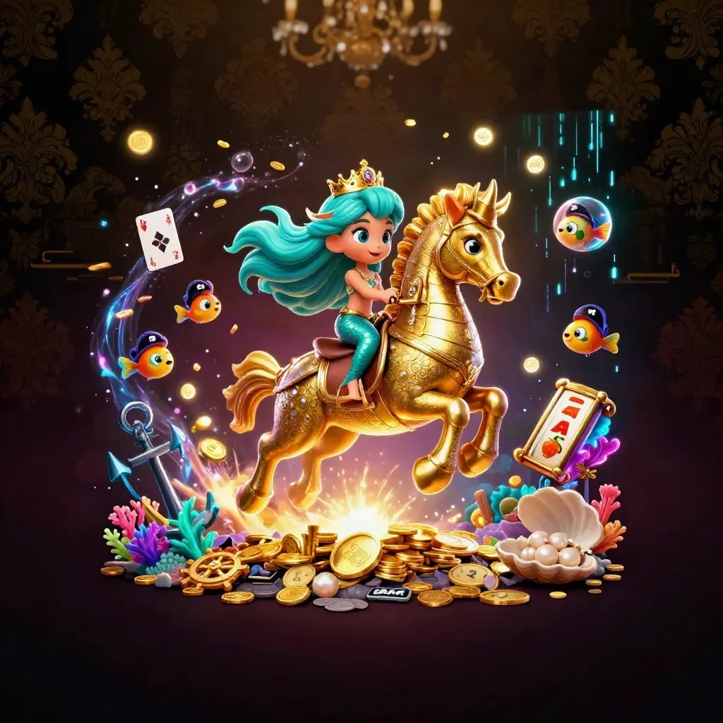 Mermaid princess on a golden seahorse amid treasure, coin bursts, pirate fish, and glowing casino effects.