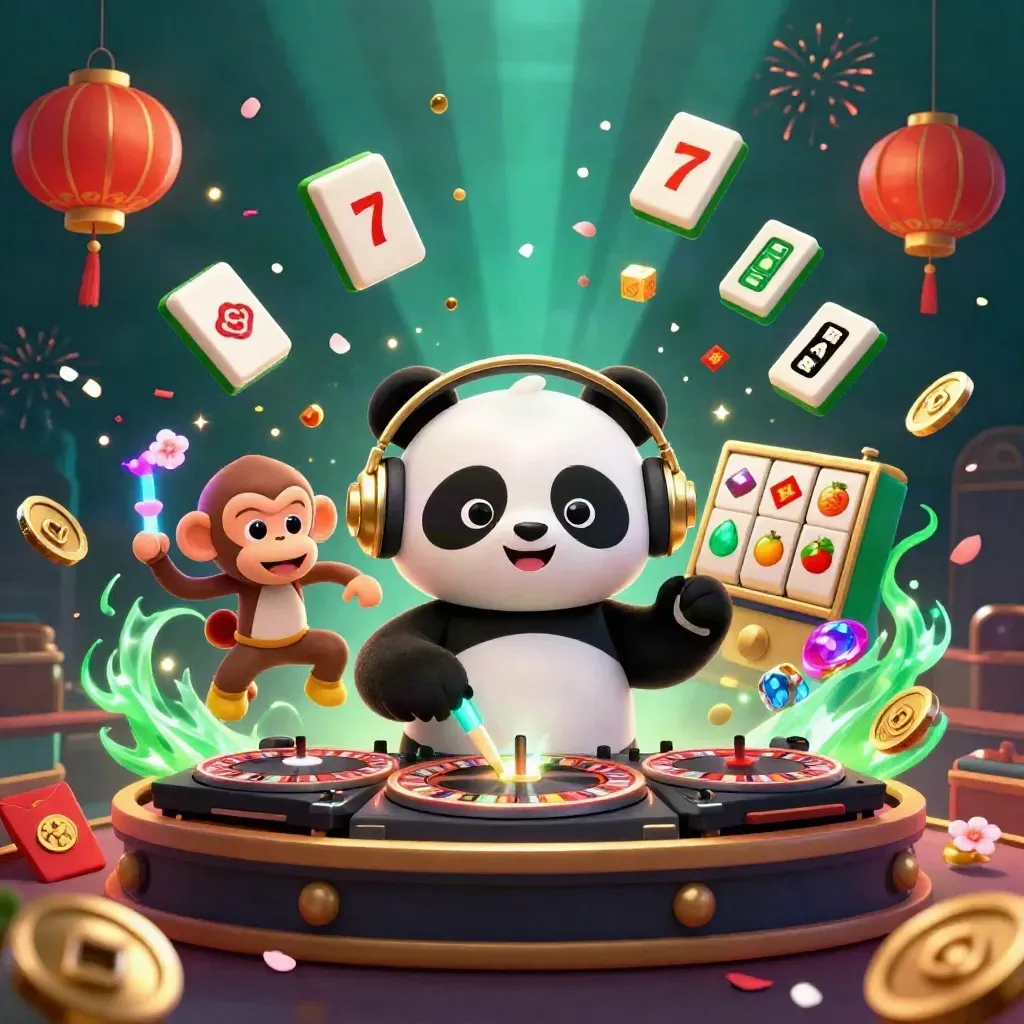 DJ panda, breakdancing monkey, and glow-stick kitten amid casino treasure and neon bursts.
