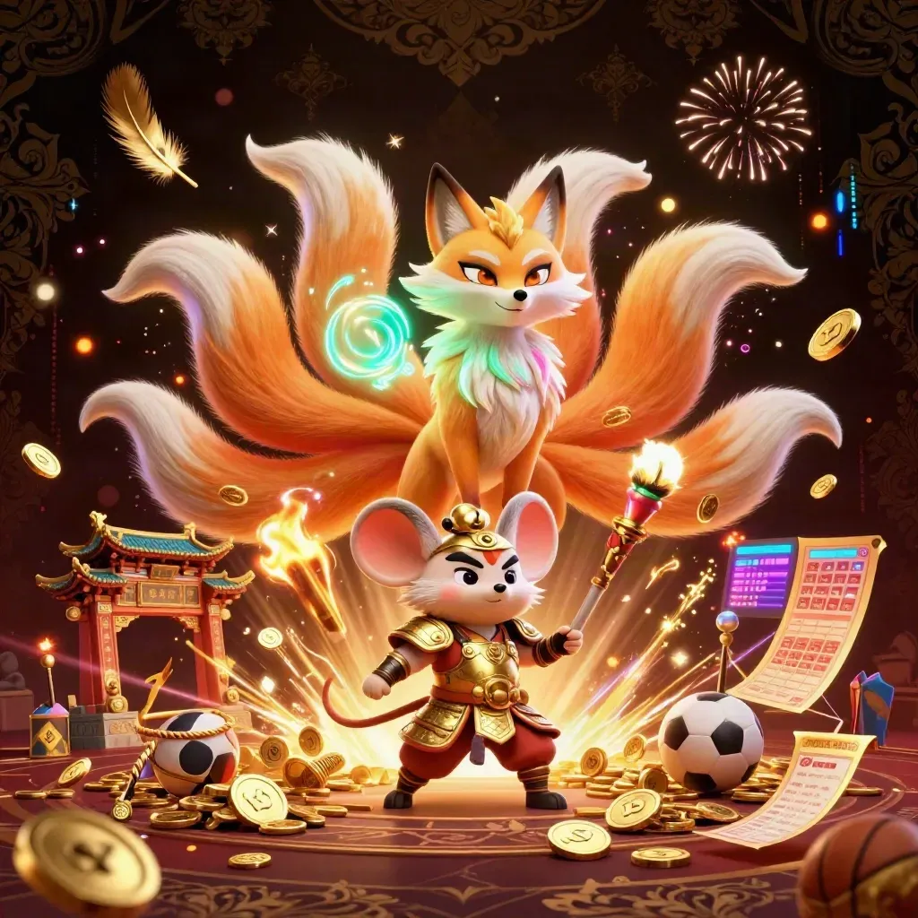 Nine-tailed fox spirit and armored mouse amid gold coins, temple gate, and casino treasure blasts
