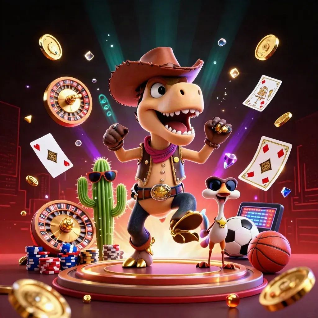 Cowboy T-Rex, cactus sidekick, and roadrunner burst amid coins, gems, chips, and a roulette wheel.