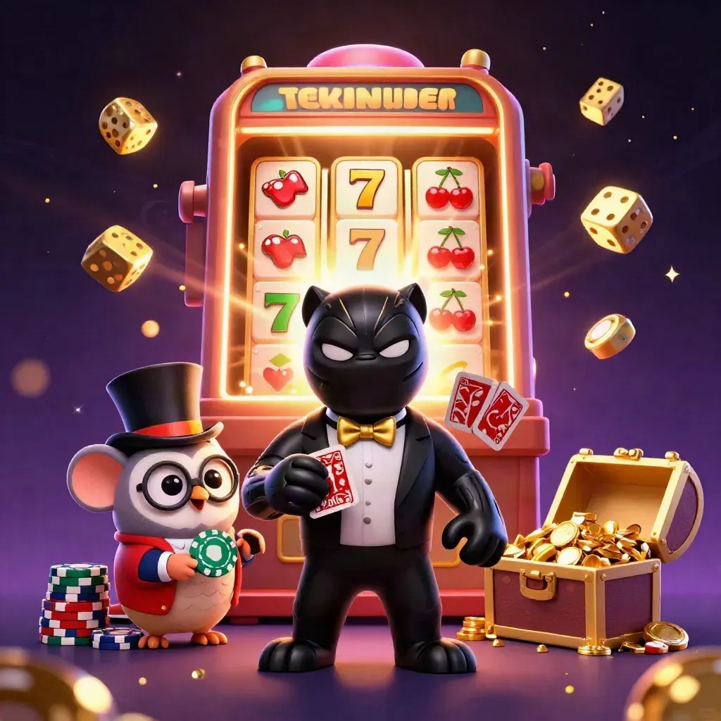 Panther, owl, and mouse burst from a jackpot machine with gold, dice, cards, and treasure.