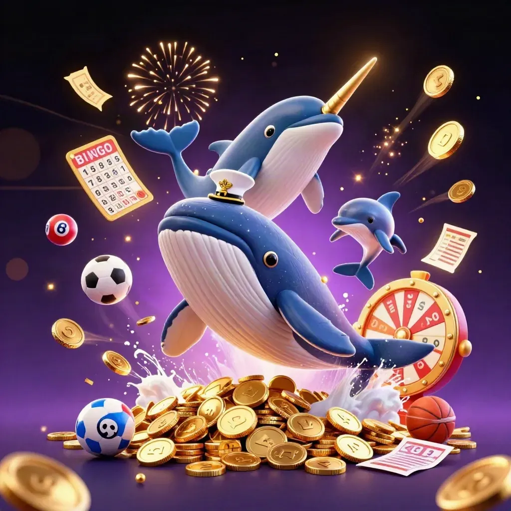Whale, narwhal, and dolphins burst through coins with casino rewards, glowing props, and fireworks.