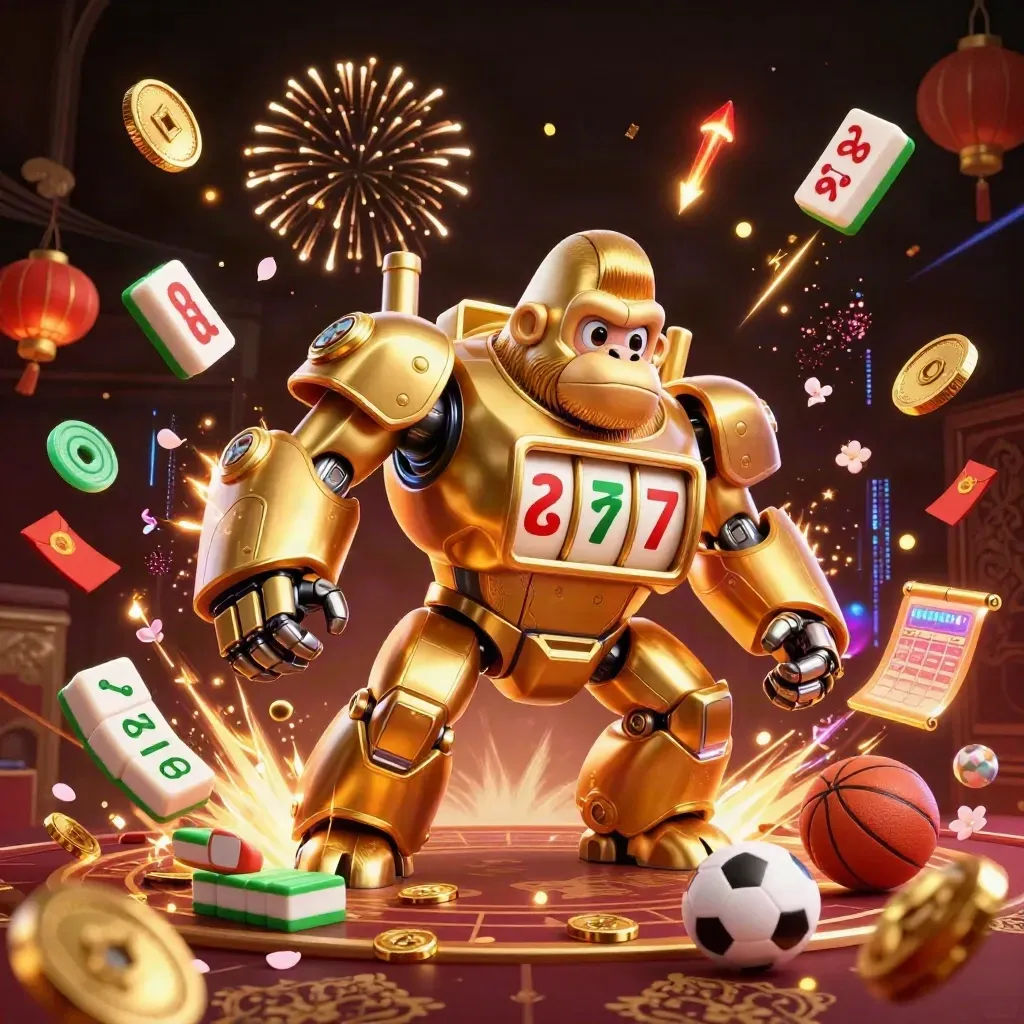 Golden gorilla mech with monkey pilot, coins, fireworks, lanterns, and casino treasures in luxe dark gold glow