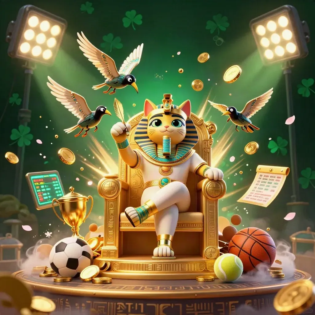 Egyptian pharaoh cat, ibis scribe, and scarab beetles amid coins, sports balls, and treasure glow