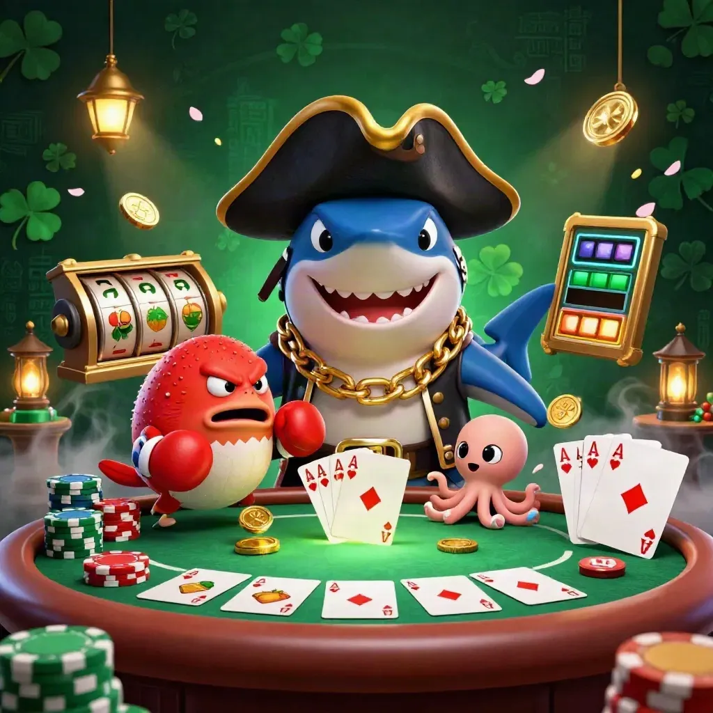 Pirate shark, boxing pufferfish, and coin-juggling octopus over casino cards and chips.
