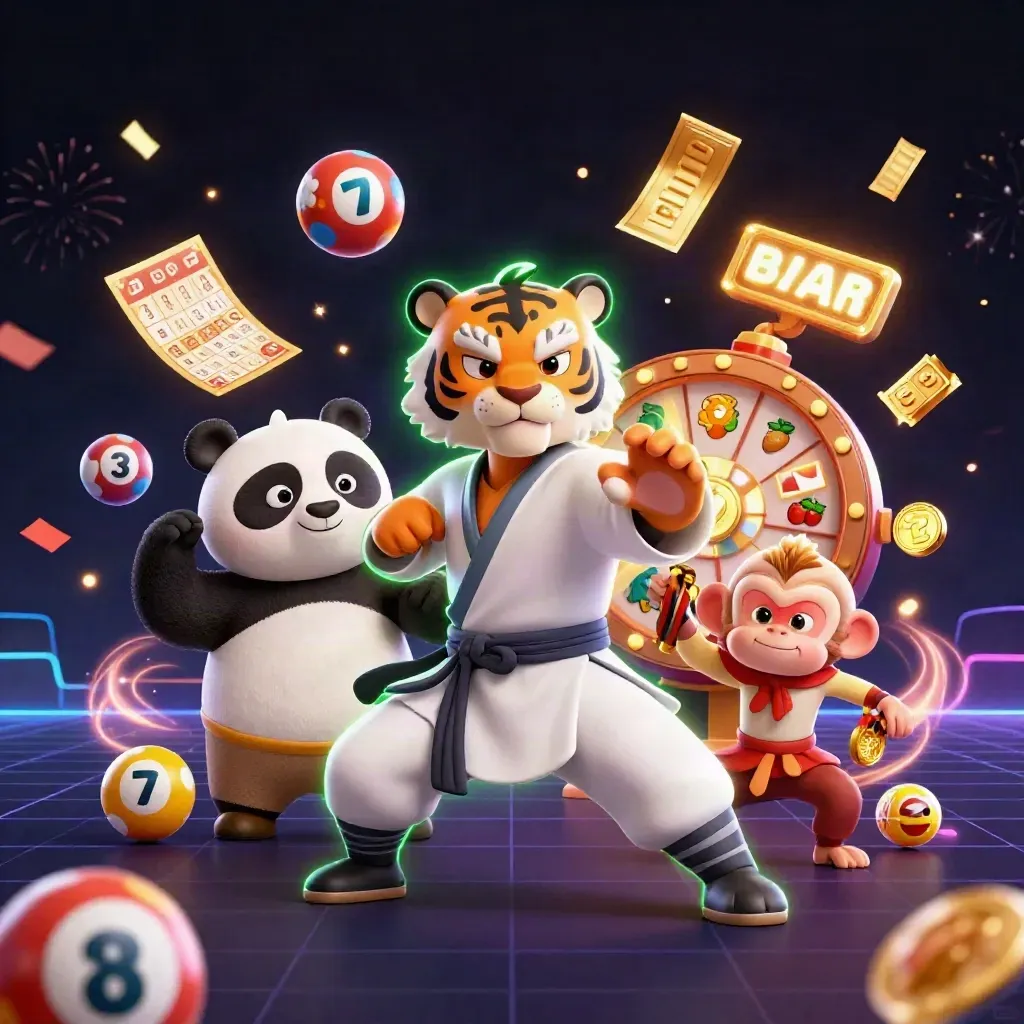 Kung-fu tiger, panda, and monkey amid casino reels, balls, coins, and neon sparks.