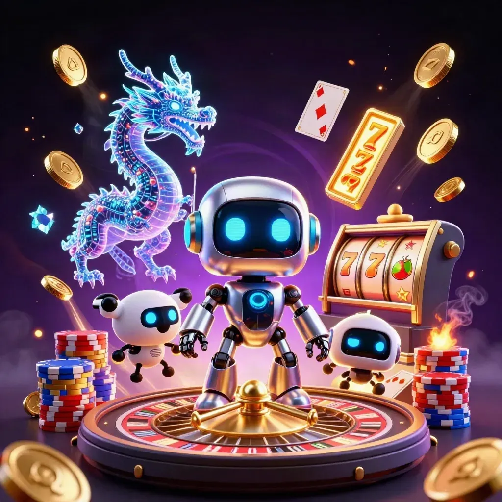 Cyberpunk robot, holographic dragon and coin drone amid casino treasures on a dark purple starfield.