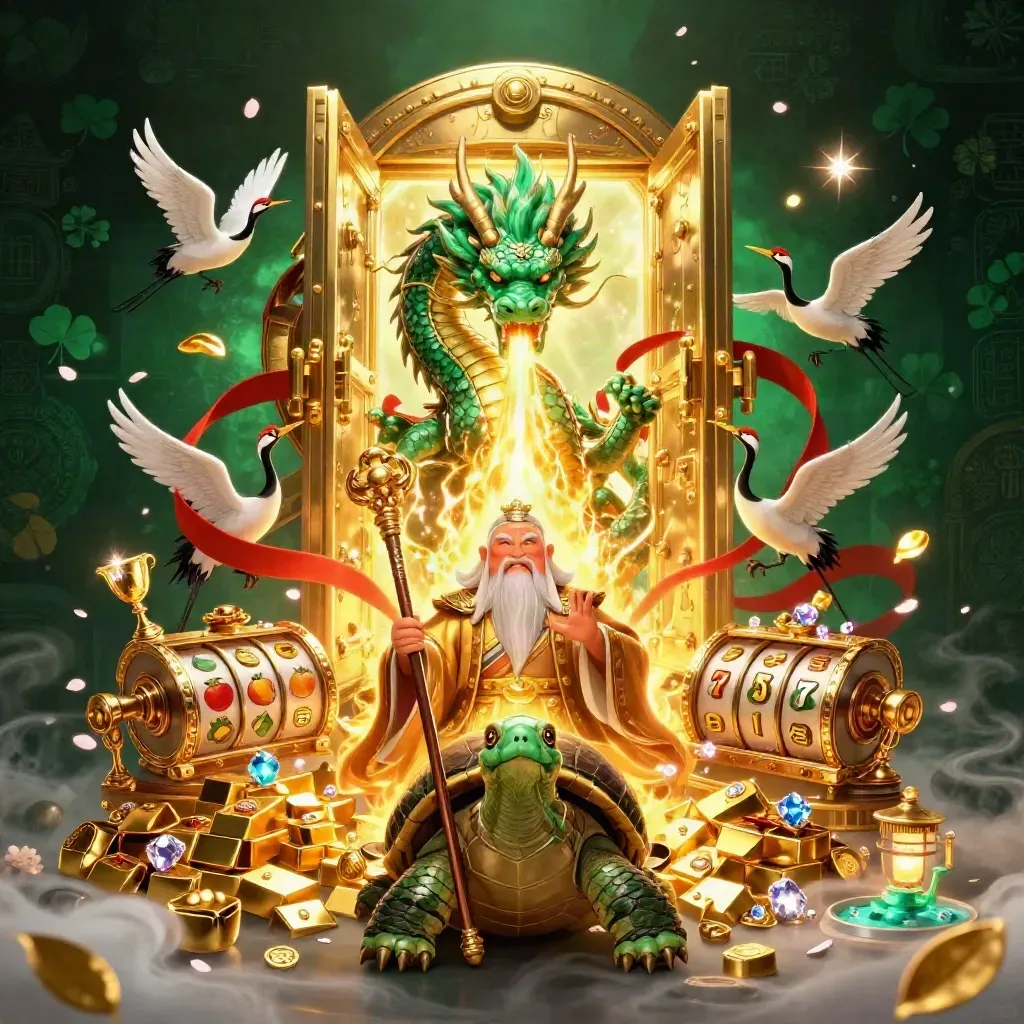 Emerald dragon, turtle sage, and cranes amid vault treasure, reels, gold, and glowing casino magic
